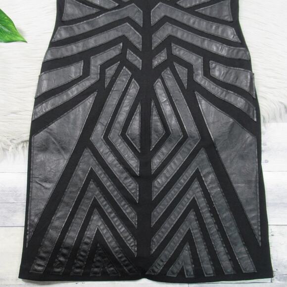 GREYLIN Ollie Black Faux Leather Geometric Patch Sheath Dress Size Large - Picture 3 of 11